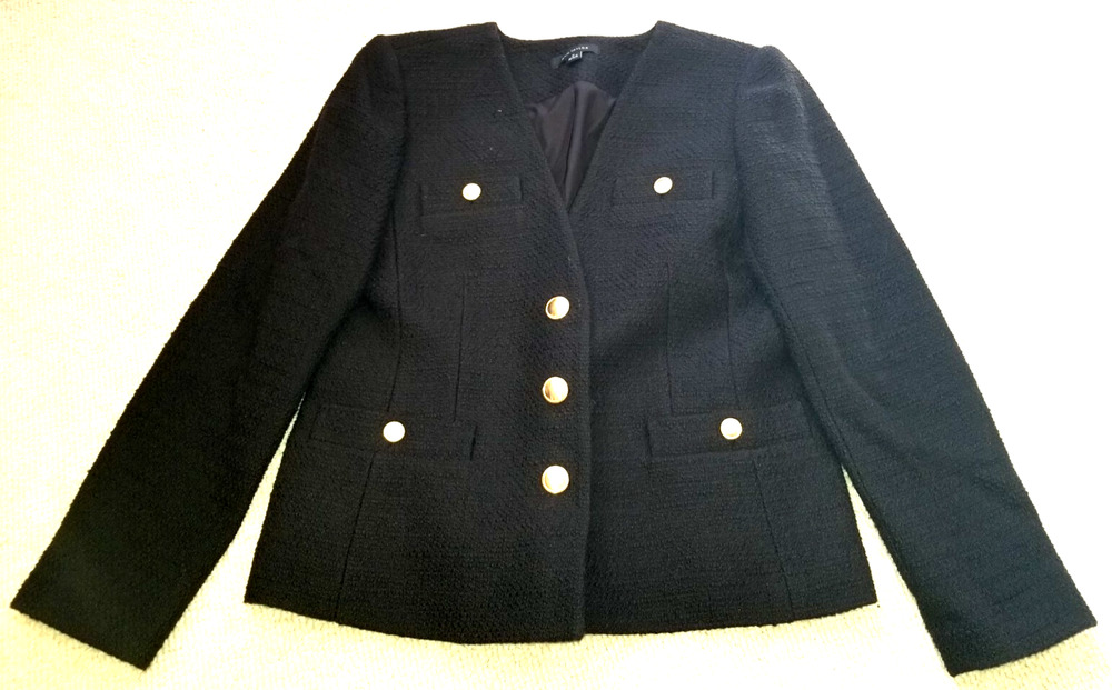 Womens Jacket-ANN TAYLOR-black textured lined gold buttons Classic Old Money-8P